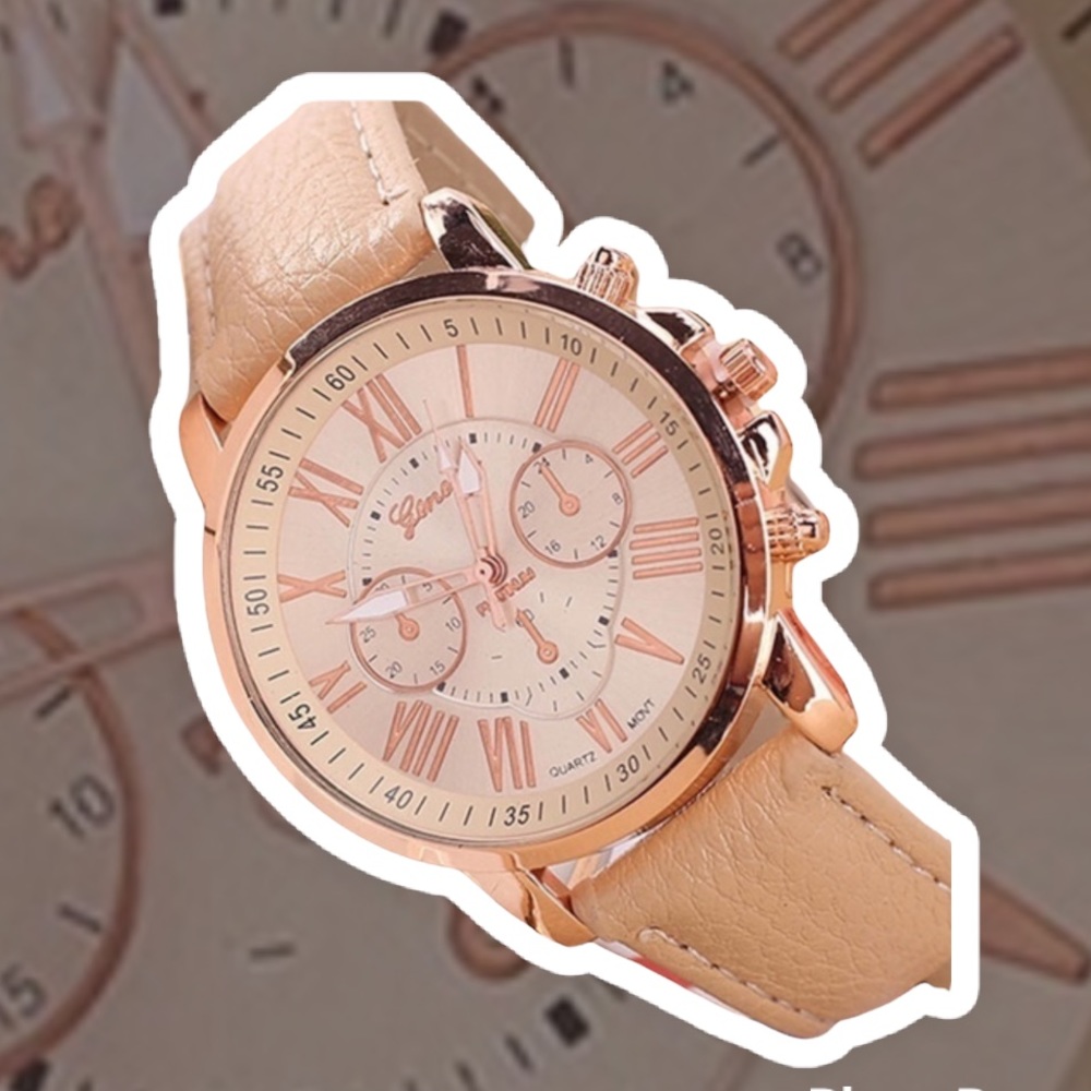 SAND TAN & ROSE GOLD GENEVA PLATINUM WRISTWATCH FOR WOMEN COPY PU LEATHER CASUAL
